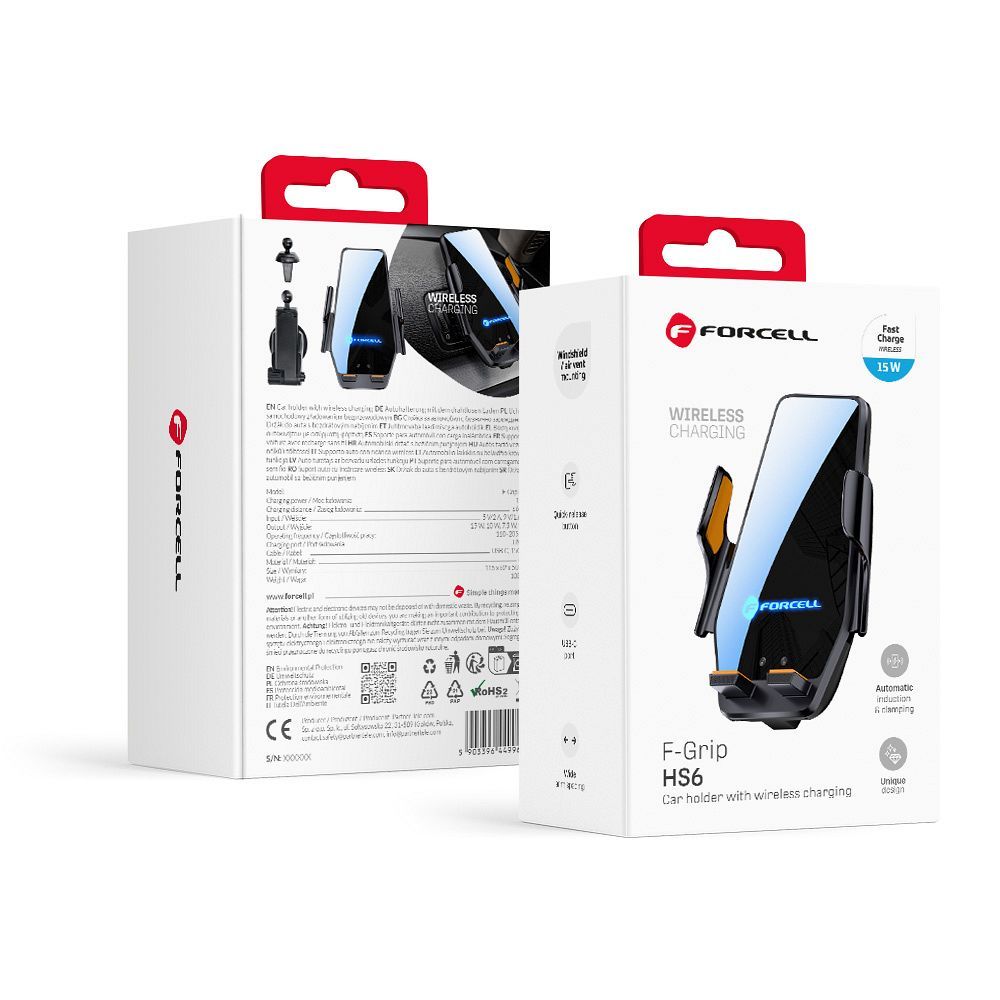 Kabellose Handyhalterung fürs Auto Forcell F-Grip HS6 15W für Frontscheibe / Lüftung schwarz