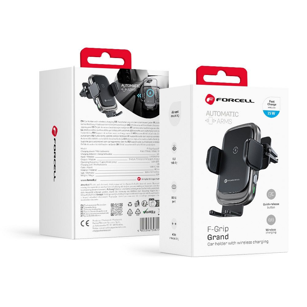 Kabellose Auto-Handyhalterung Forcell F-Grip Grand F-24 15W Lüftungsgitter, Silber