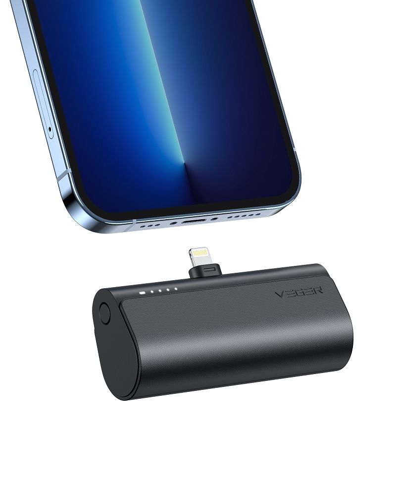 VEGER Powerbank 5.000 mAh mit integriertem Lightning PD QC3.0 3A 20W PlugOn (W0556P) schwarz