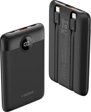 VEGER Powerbank 10.000 mAh mit integrierten Kabeln Typ C / Lightning PD QC3.0 2A 22,5W C11 (W1170) schwarz