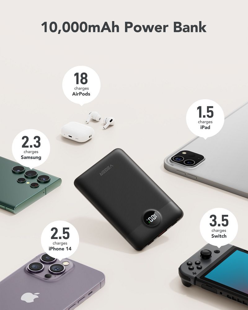 VEGER Powerbank 10.000 mAh mit integrierten Kabeln Typ C / Lightning PD QC3.0 2A 22,5W C11 (W1170) schwarz – Bild 8