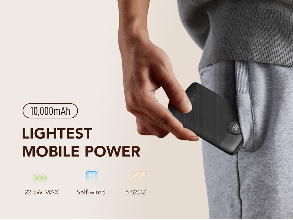 VEGER Powerbank 10.000 mAh mit integrierten Kabeln Typ C / Lightning PD QC3.0 2A 22,5W C11 (W1170) schwarz – Bild 10