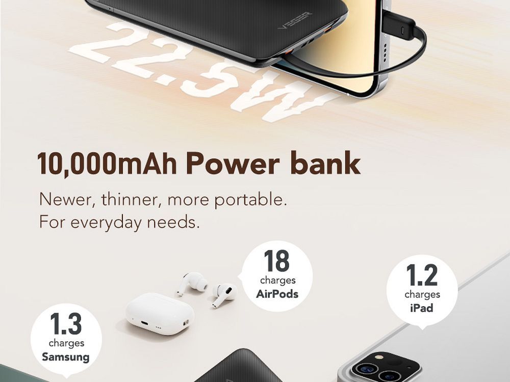 VEGER Powerbank 10.000 mAh mit integrierten Kabeln Typ C / Lightning PD QC3.0 2A 22,5W C11 (W1170) schwarz – Bild 12