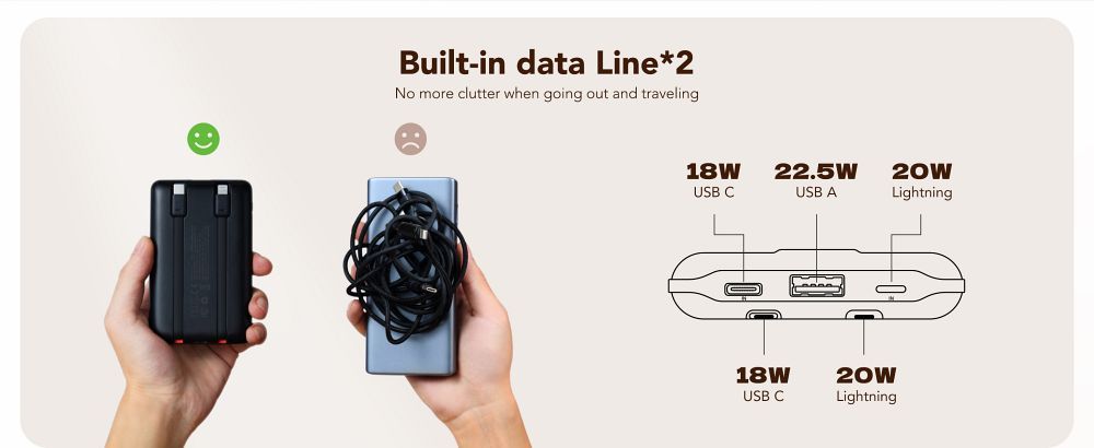 VEGER Powerbank 10.000 mAh mit integrierten Kabeln Typ C / Lightning PD QC3.0 2A 22,5W C11 (W1170) schwarz – Bild 15