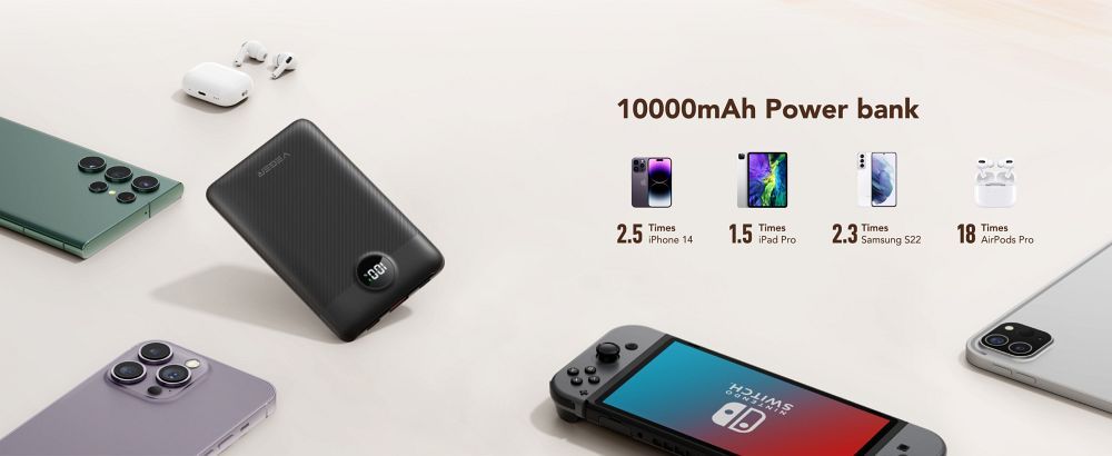 VEGER Powerbank 10.000 mAh mit integrierten Kabeln Typ C / Lightning PD QC3.0 2A 22,5W C11 (W1170) schwarz – Bild 16