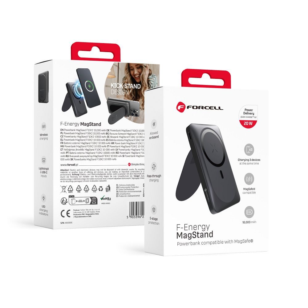 FORCELL F-ENERGY F10K2 MagStand Powerbank kompatibel mit MagSafe PD QC3.0 5A 20W 10.000 mAh Schwarz