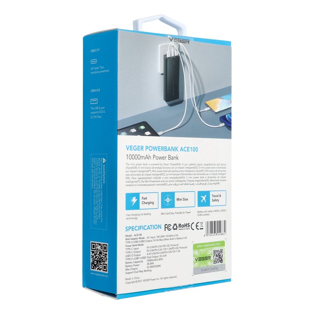 VEGER Powerbank 10.000 mAh PD QC3.0 20W ACE100 (W1146) Schwarz – Bild 7
