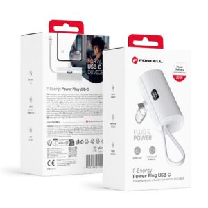 FORCELL F-ENERGY Power Plug F5K3 Powerbank 5.000 mAh mit integriertem Typ-C PD 20W Anschluss, weiß