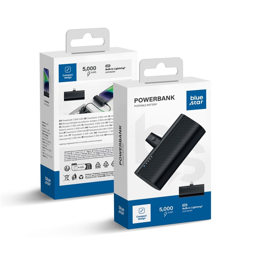 Powerbank Blue Star 5000 mAh mit integriertem Lightning-Anschluss 2,1A W0556P Schwarz