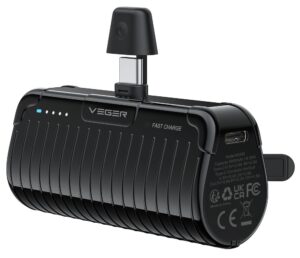 VEGER Powerbank 5.000 mAh mit integriertem USB-C Stecker PlugOn PD QC3.0 3A 20W W0558 schwarz