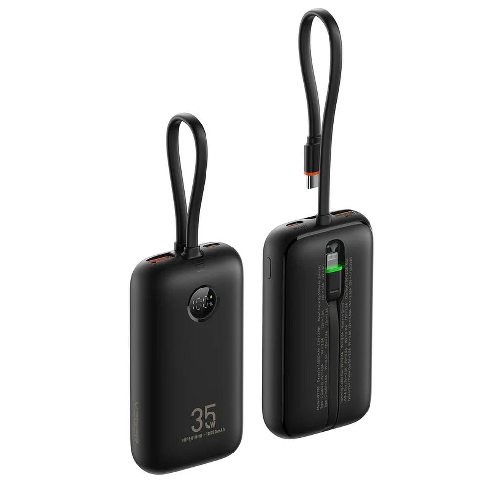VEGER Powerbank 10000 mAh mit integrierten Kabeln Typ C / Lightning PD QC3.0 35W K1 (W1188) schwarz
