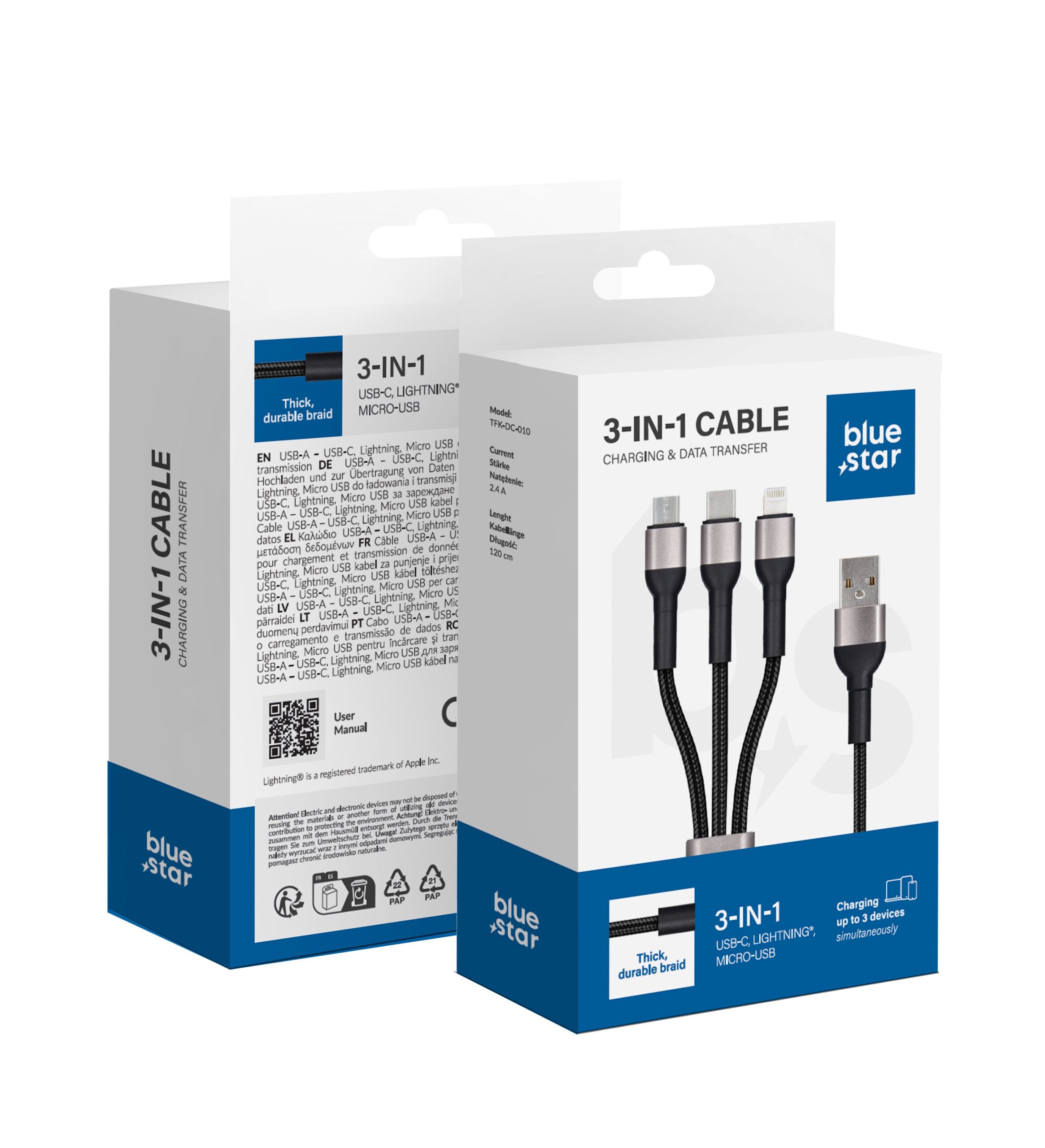 Blue Star geflochtenes 3-in-1-Kabel mit Micro-USB-, USB-C- und Lightning-Anschlüssen, 3A
