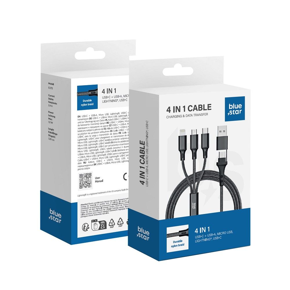 BLUE STAR 4-in-1 Kabel Typ C / USB A zu Micro USB / Lightning / Typ C 2,4A 12W Cafule C172 1,2 m schwarz