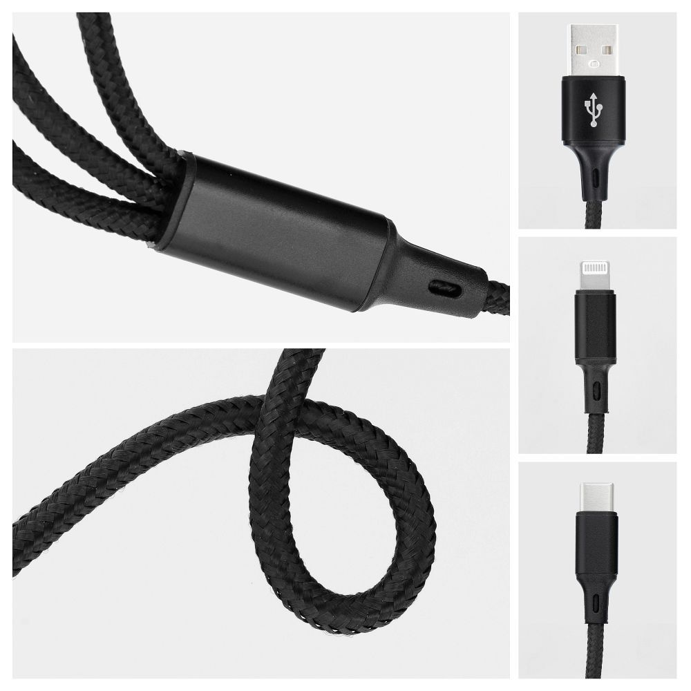 USB A 3-in-1 Kabel für iPhone Lightning 8-polig + Typ C + Micro USB C171 schwarz – Bild 3