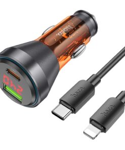 HOCO Autoladegerät USB A + Typ C mit Display + Typ C zu Lightning Kabel PD QC3.0 3A 48W NZ12B transparent orange