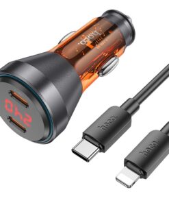 HOCO Autoladegerät 2 x Typ C mit Display + Typ C zu Lightning Kabel PD QC3.0 3A 60W NZ12C Transparent Orange