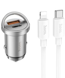 HOCO Autoladegerät USB A + Typ C mit Typ C zu Lightning Kabel, PD QC3.0 4A 45W NZ10, Silber