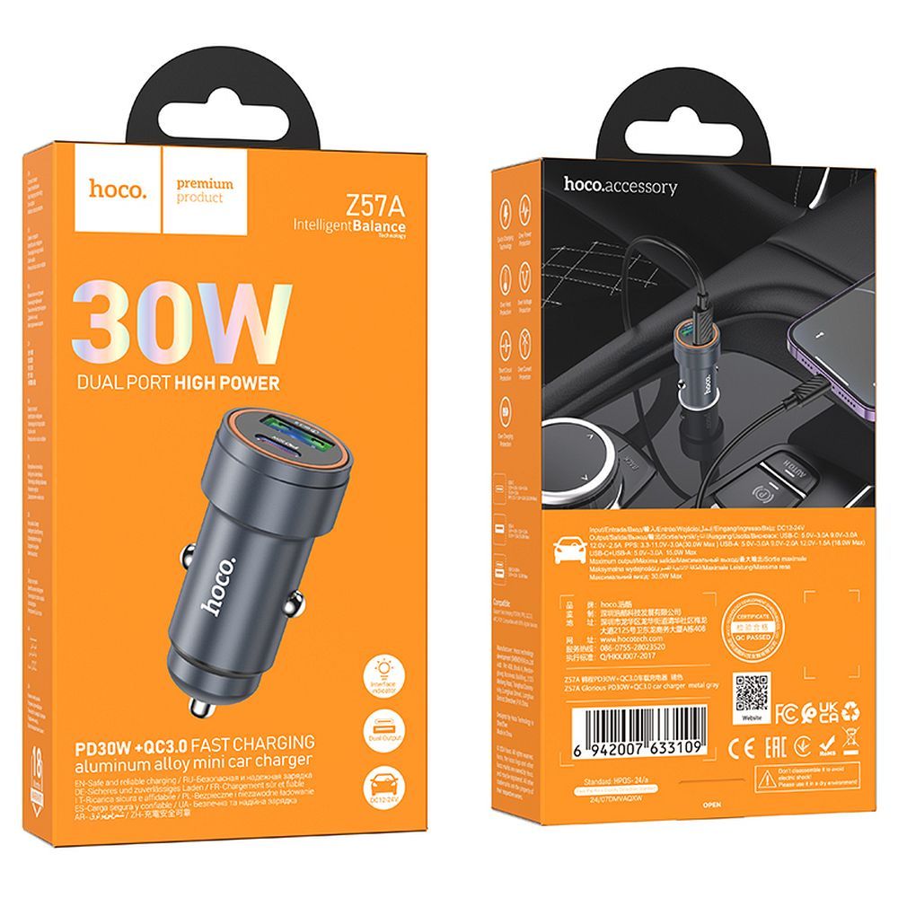Autoladegerät Hoco USB A + USB C PD QC3.0 3A 30W Z57A Metall Grau – Bild 7