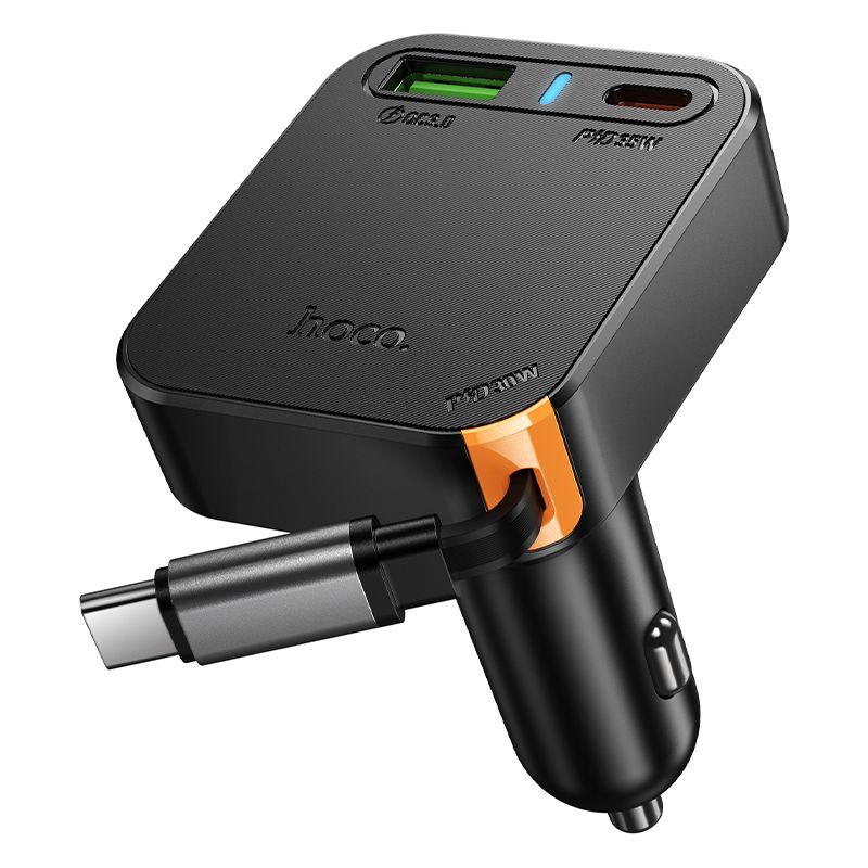Auto-Ladegerät Hoco mit einziehbarem Kabel 2 x USB C + USB A QC PD 65W NZ18 schwarz