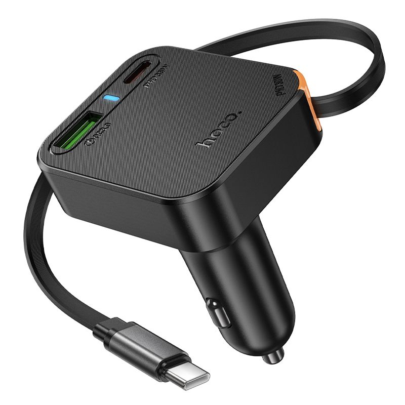 Auto-Ladegerät Hoco mit einziehbarem Kabel 2 x USB C + USB A QC PD 65W NZ18 schwarz – Bild 3