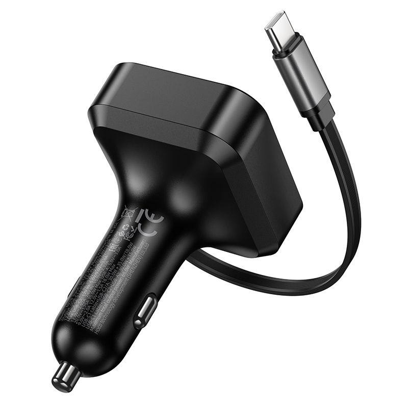 Auto-Ladegerät Hoco mit einziehbarem Kabel 2 x USB C + USB A QC PD 65W NZ18 schwarz – Bild 7