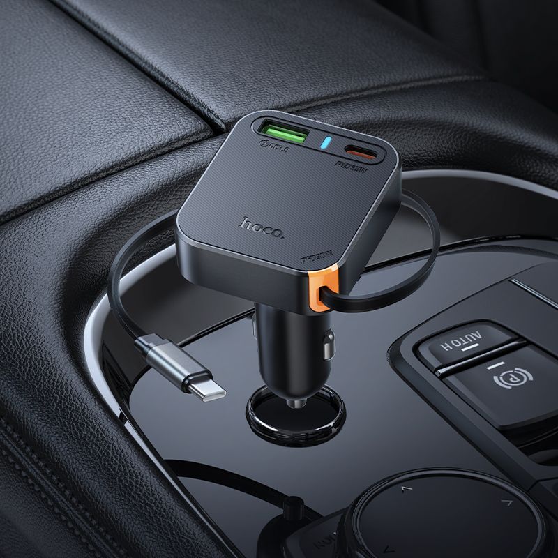 Auto-Ladegerät Hoco mit einziehbarem Kabel 2 x USB C + USB A QC PD 65W NZ18 schwarz – Bild 8