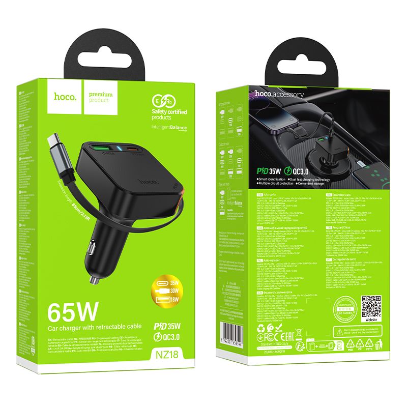 Auto-Ladegerät Hoco mit einziehbarem Kabel 2 x USB C + USB A QC PD 65W NZ18 schwarz – Bild 10