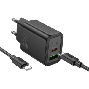 Handyladegerät Hoco USB A + USB C QC3.0 PD 3A 30W + USB-C-auf-USB-C-Kabel N63 schwarz