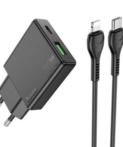 Hoco Slim USB A + USB C Schnellladegerät QC3.0 PD 3A 20W + USB C zu Lightning Kabel N38 Schwarz