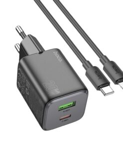 HOCO USB-A + Typ-C Netzladegerät + Typ-C-zu-Lightning PD QC 3A 20W Kabel N41 Schwarz