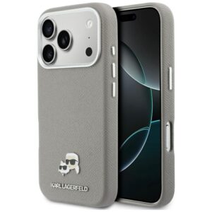 KARL LAGERFELD Hülle für iPhone 17 Pro, kompatibel mit MagSafe KLHMP17L6PFKCLG (PU-Leder, grau, mit K&C Head Pin)