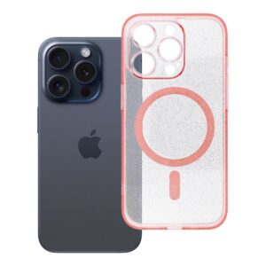 CLEAR MAG COVER mit Kameraschutz, kompatibel mit MagSafe für iPhone 15 Pro, pink glitzernd