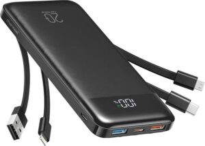 Charmast W1148 Powerbank 5V 3A 10000 mAh mit integrierten Kabeln USB A / USB C / Lightning / Micro USB schwarz