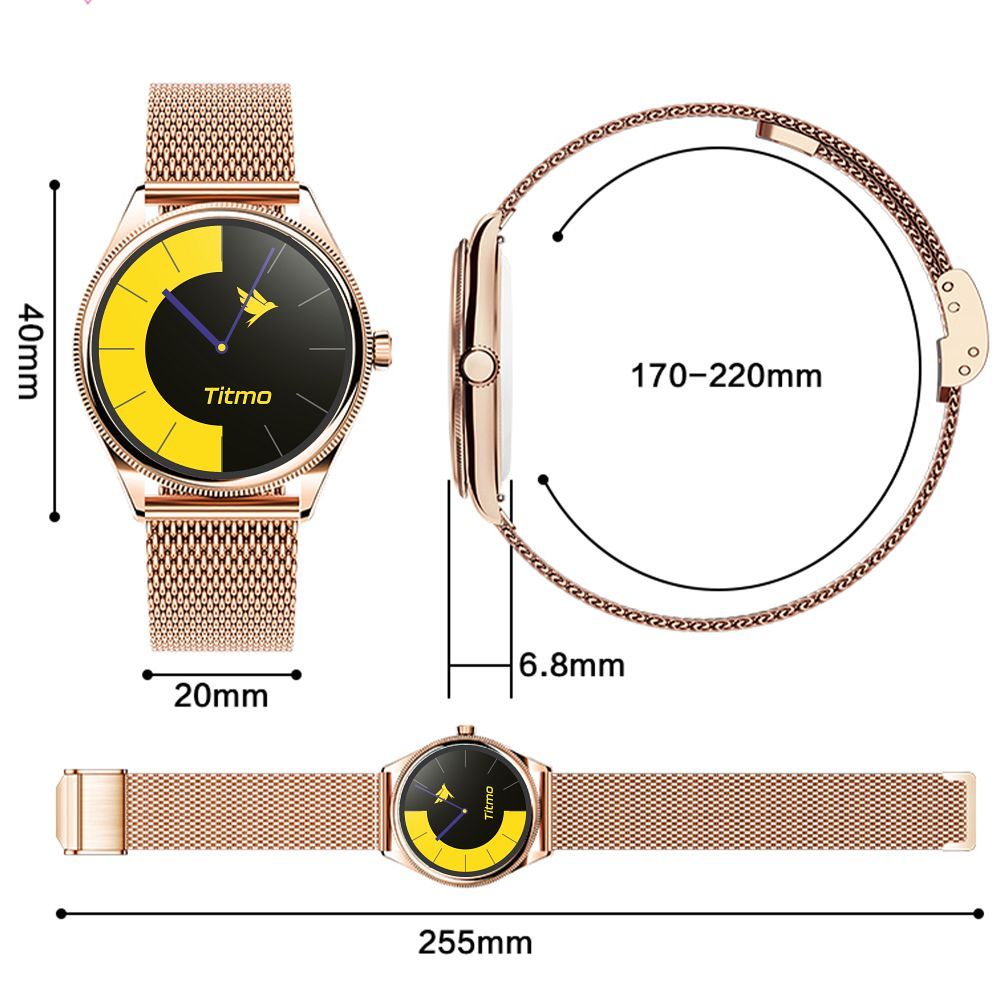 Smartwatch TITMO O-170 (AMOLED, Bluetooth-Anrufe, goldfarbenes Edelstahl-Mesh-Armband) gold – Bild 7