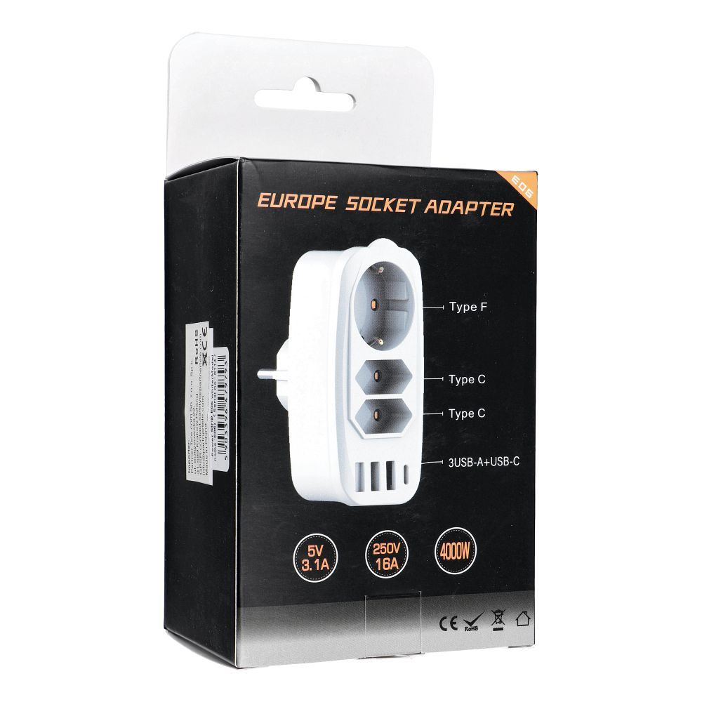 Steckdosenleiste mit 3 Steckdosen max. 16A, 3x USB-A und 1x USB-C Anschlüssen, Modell E06, weiß