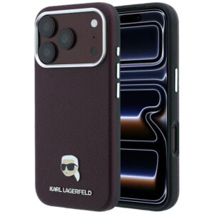 KARL LAGERFELD Hülle für iPhone 18 Pro Max / 17 Pro Max kompatibel mit MagSafe (geprägtes Karl Head Metal) Burgunderrot