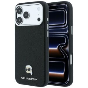 KARL LAGERFELD Hülle für iPhone 18 Pro Max / 17 Pro Max kompatibel mit MagSafe (genarbtes Karl Head Metal) schwarz