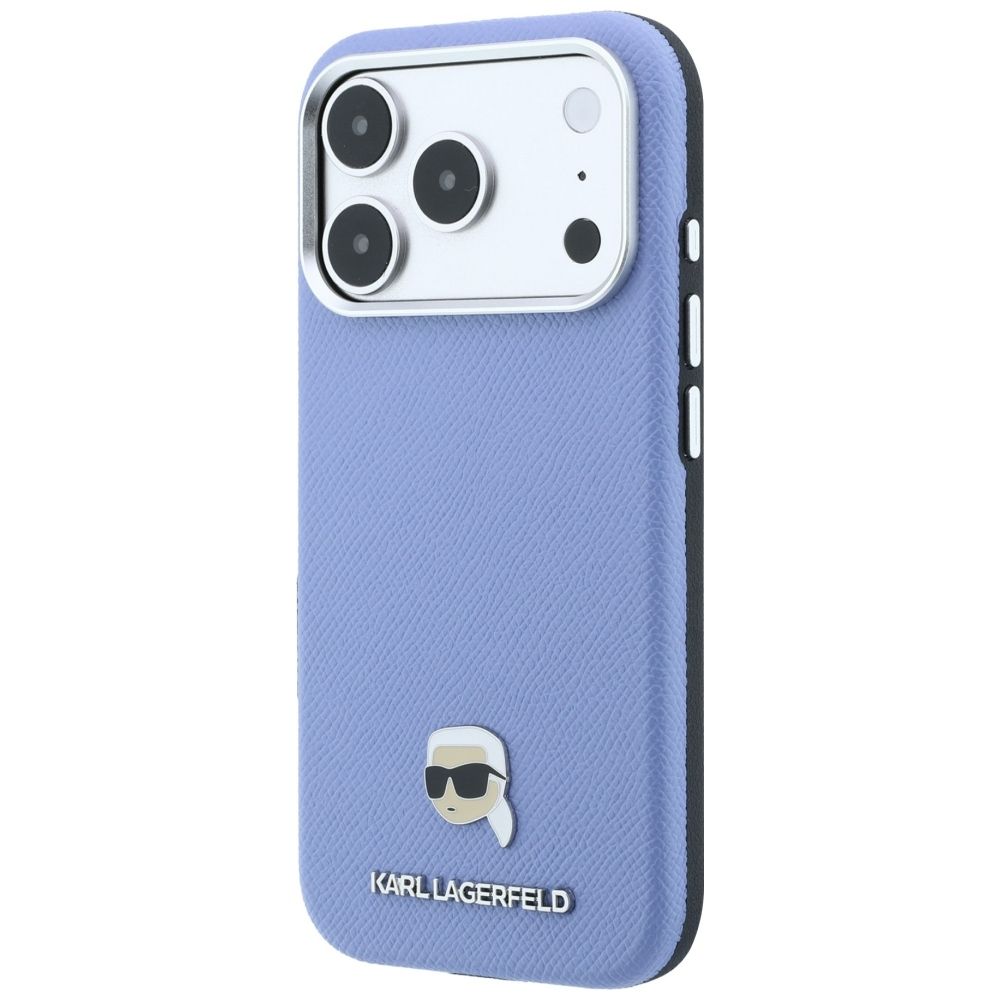 KARL LAGERFELD Hülle für iPhone 18 Pro Max / 17 Pro Max kompatibel mit MagSafe (Genarbtes Karl Head Metal) Hellblau – Bild 4