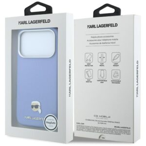 KARL LAGERFELD Hülle für iPhone 18 Pro Max / 17 Pro Max kompatibel mit MagSafe (Genarbtes Karl Head Metal) Hellblau – Bild 8